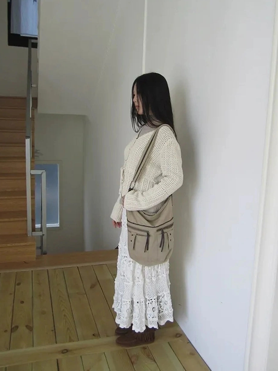 ang project Vintage Lace Up Waist V-neck Knit Top Cardigan