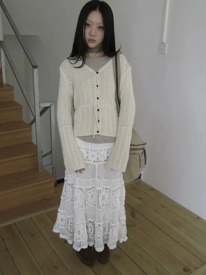 ang project Vintage Lace Up Waist V-neck Knit Top Cardigan