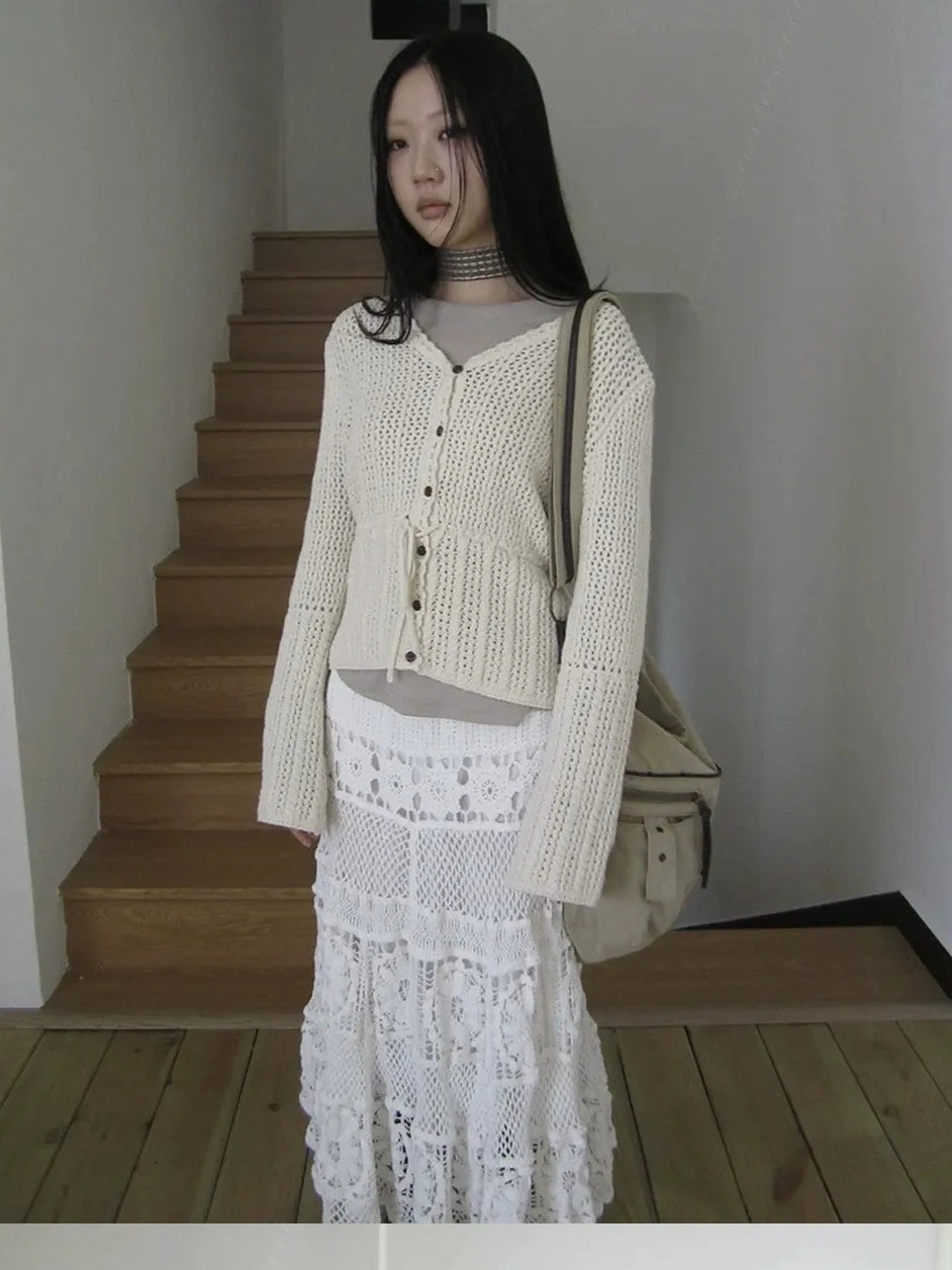 ang project Vintage Lace Up Waist V-neck Knit Top Cardigan