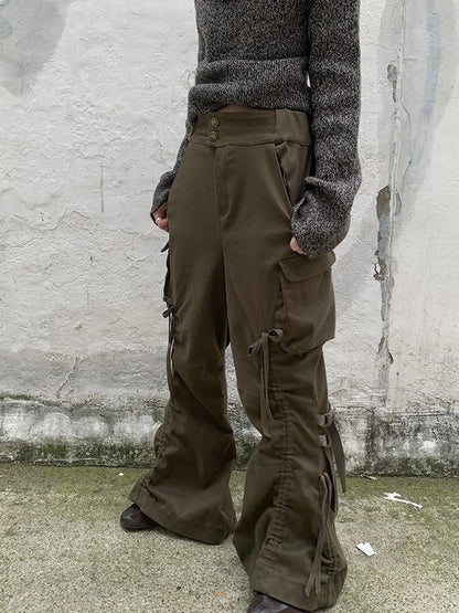 Vintage Lace Up Wide Leg Cargo Pants