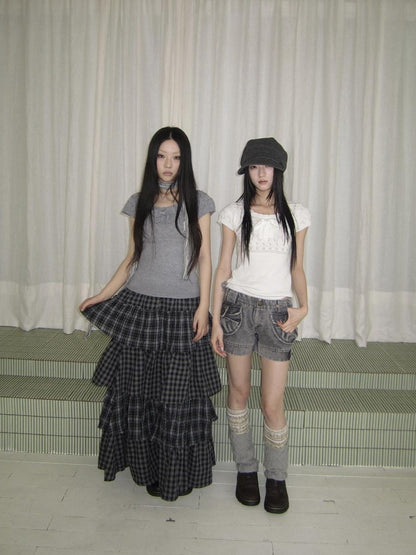 ang project Vintage Layered Plaid Patchwork Tiered Women&