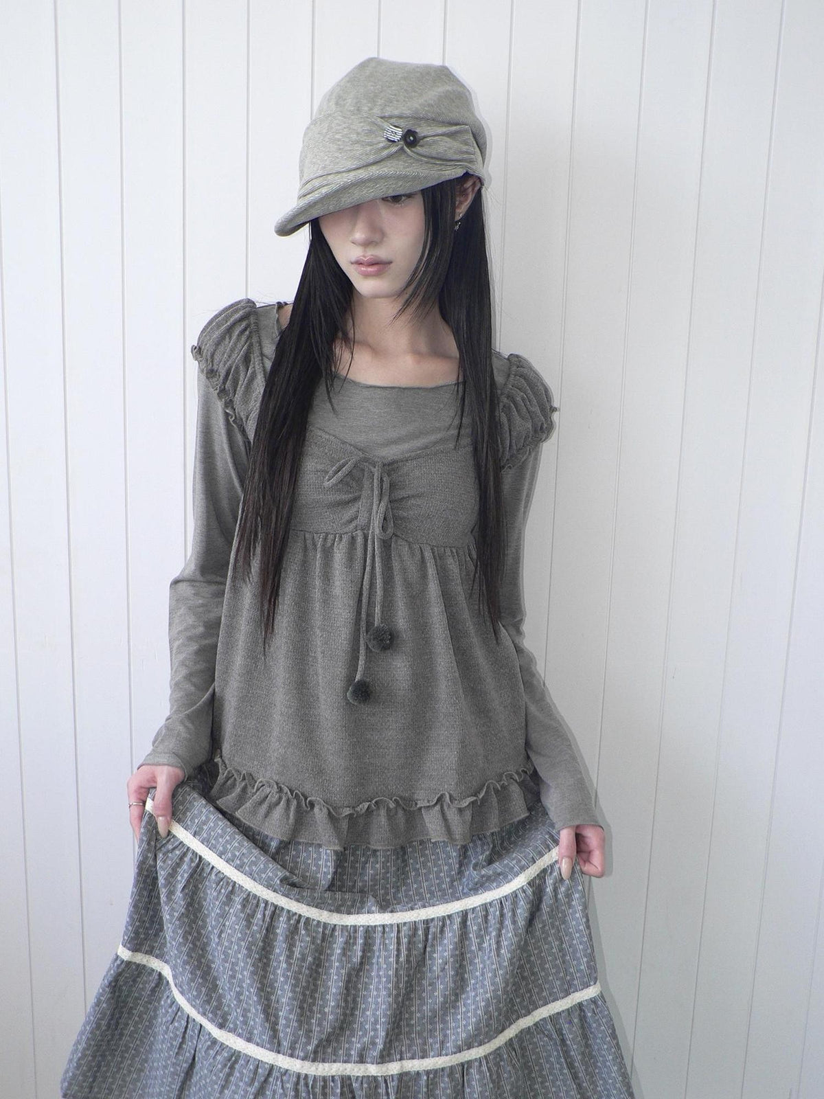ang project Vintage Layered Ruffle Bubble Sleeve Women&