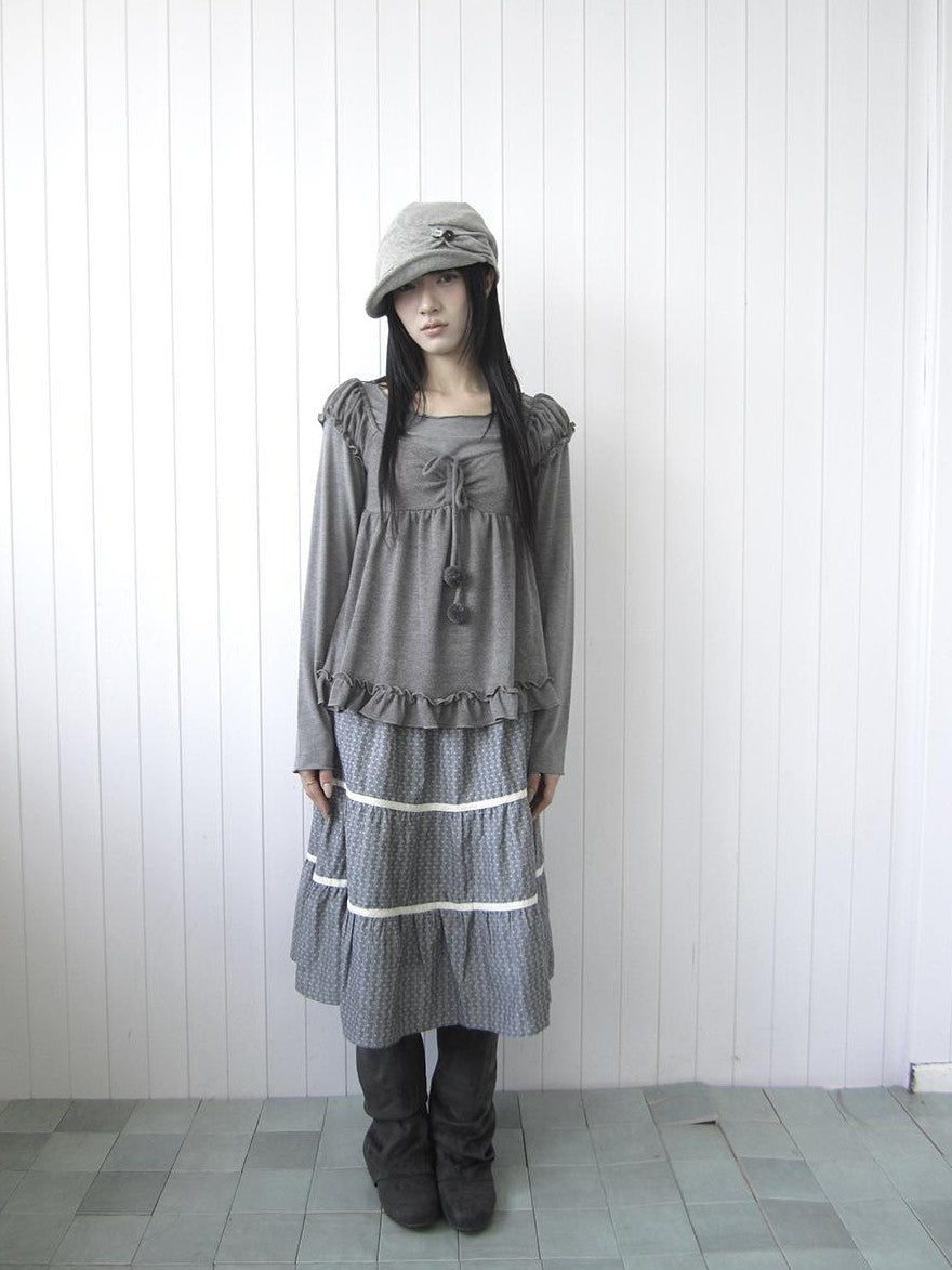 ang project Vintage Layered Ruffle Bubble Sleeve Women&