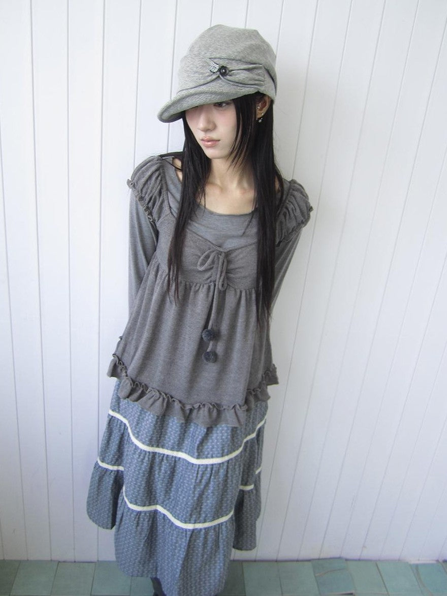 ang project Vintage Layered Ruffle Bubble Sleeve Women&