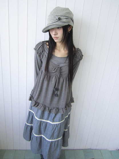 ang project Vintage Layered Ruffle Bubble Sleeve Women&