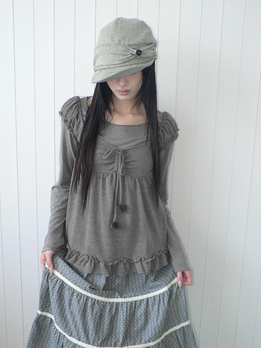 ang project Vintage Layered Ruffle Bubble Sleeve Women&