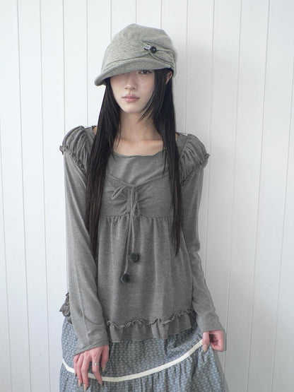 ang project Vintage Layered Ruffle Bubble Sleeve Women&