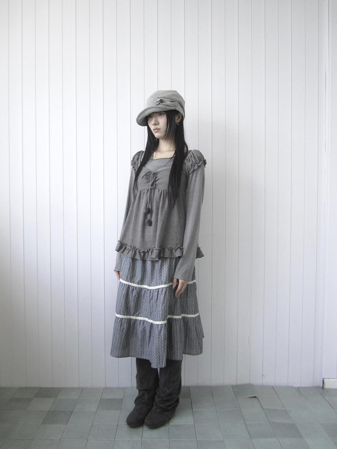 ang project Vintage Layered Ruffle Bubble Sleeve Women&