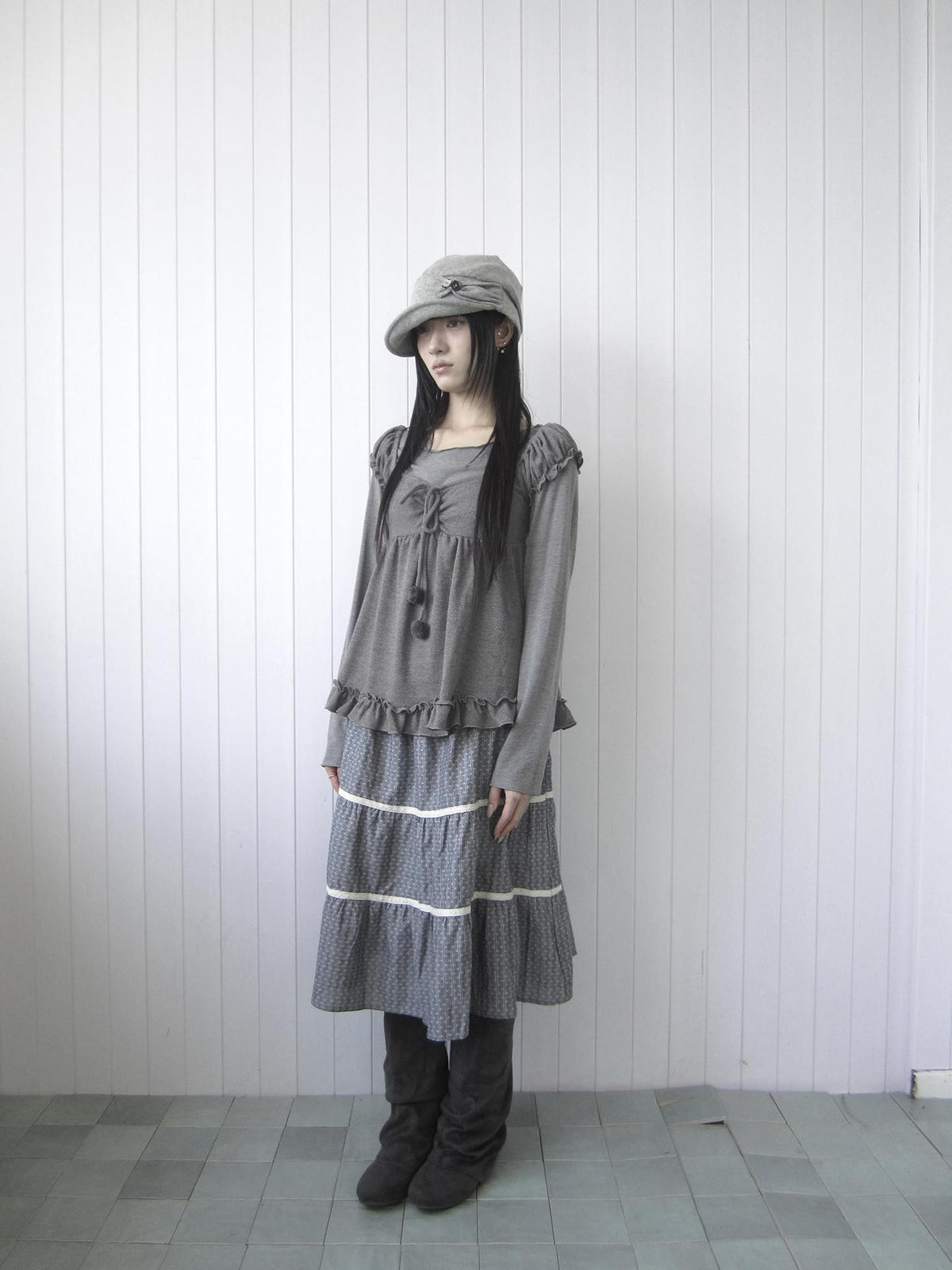ang project Vintage Layered Ruffle Bubble Sleeve Women&
