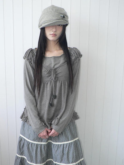 ang project Vintage Layered Ruffle Bubble Sleeve Women&
