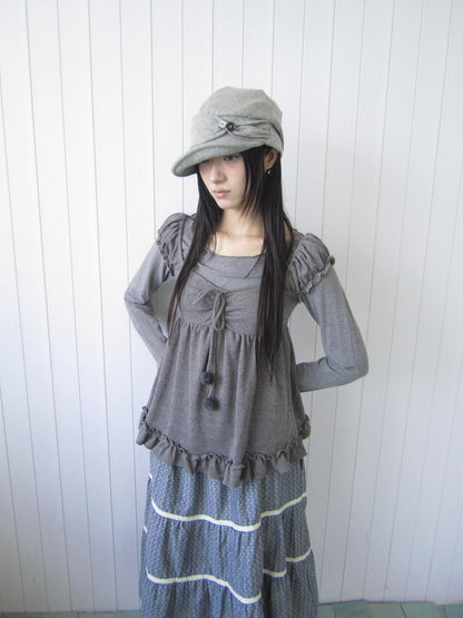 ang project Vintage Layered Ruffle Bubble Sleeve Women&