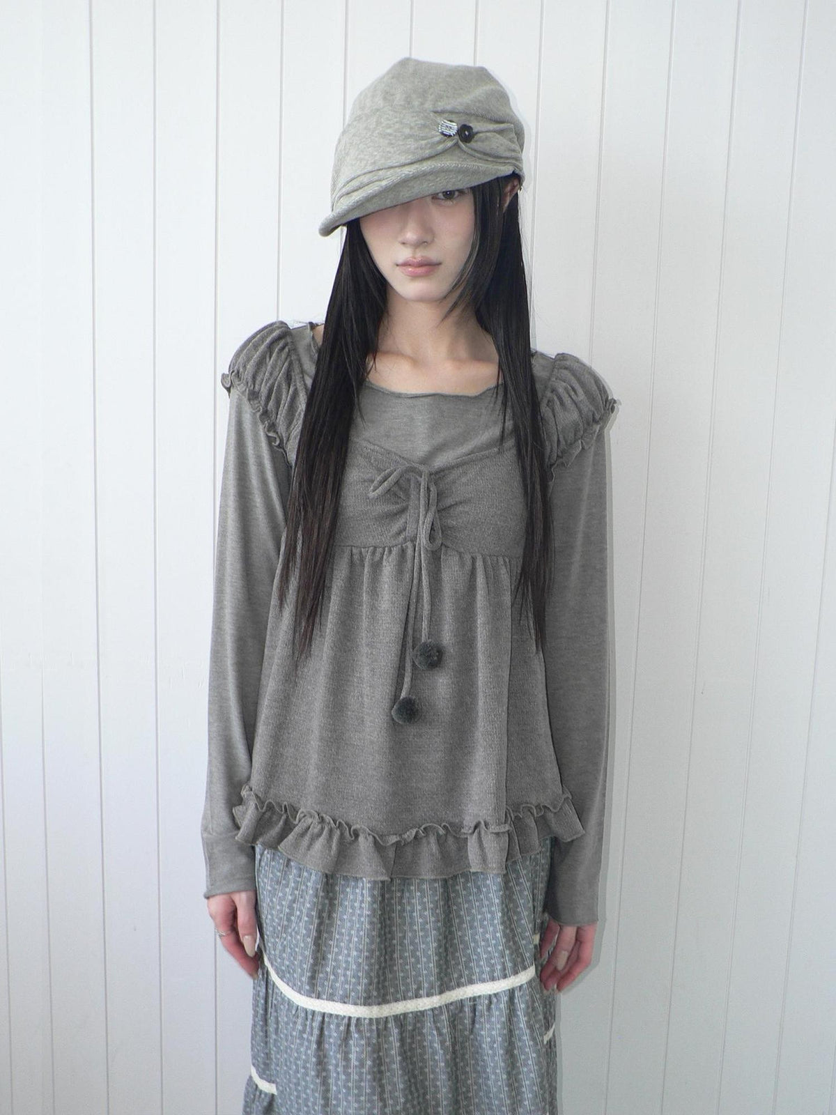 ang project Vintage Layered Ruffle Bubble Sleeve Women&