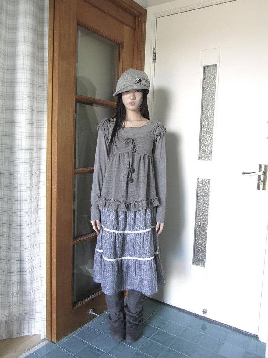 ang project Vintage Layered Ruffle Bubble Sleeve Women&