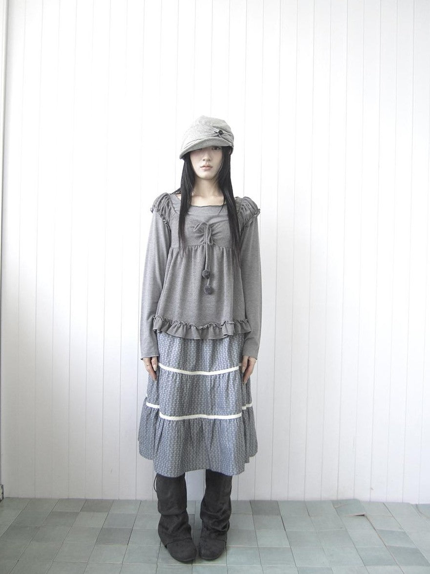ang project Vintage Layered Ruffle Bubble Sleeve Women&