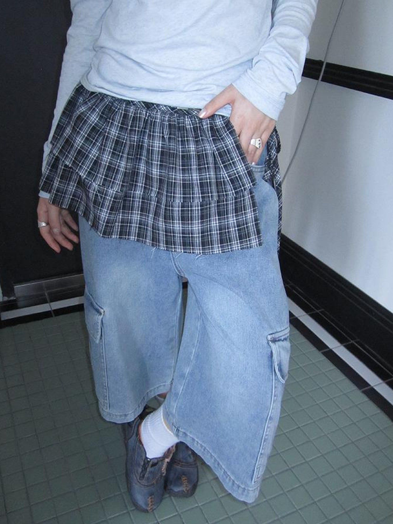 ang project Vintage Layered Tear Edge Checkered Wrap Skirt