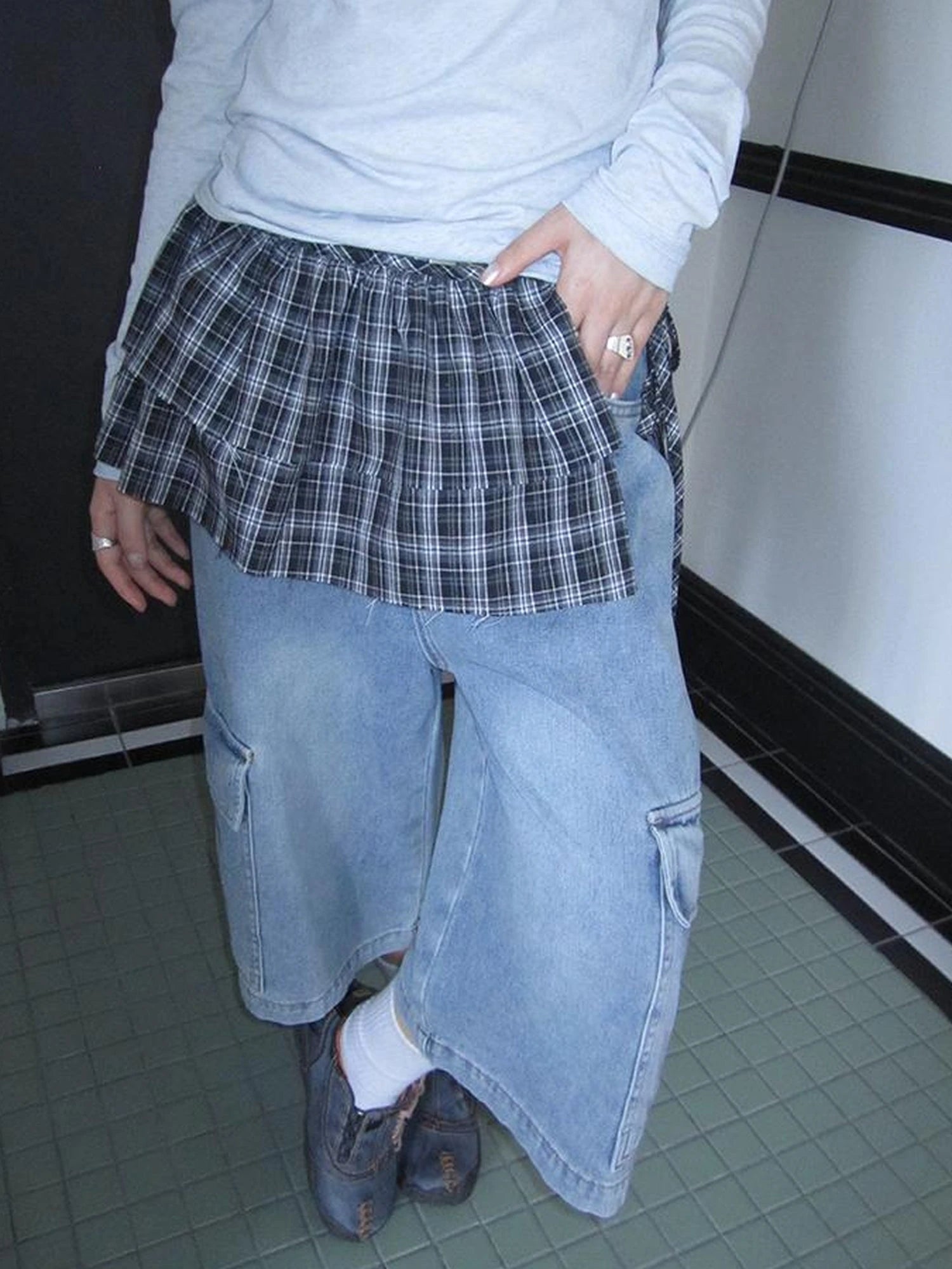 Vintage Layered Tear Edge Checkered Wrap Skirt