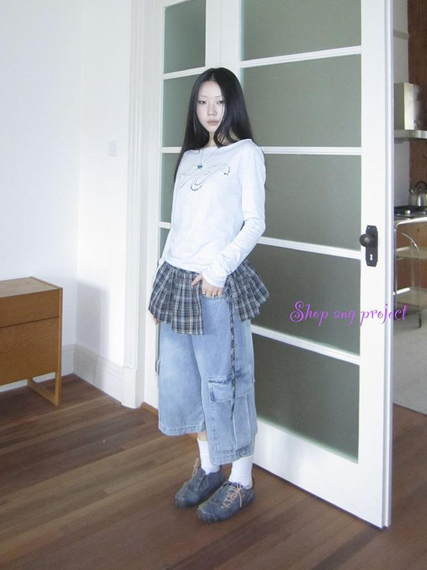 ang project Vintage Layered Tear Edge Checkered Wrap Skirt