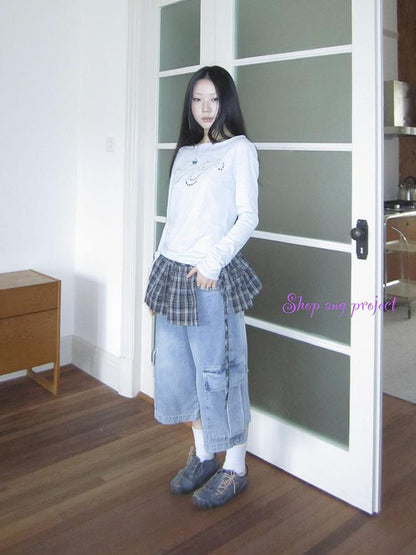 ang project Vintage Layered Tear Edge Checkered Wrap Skirt