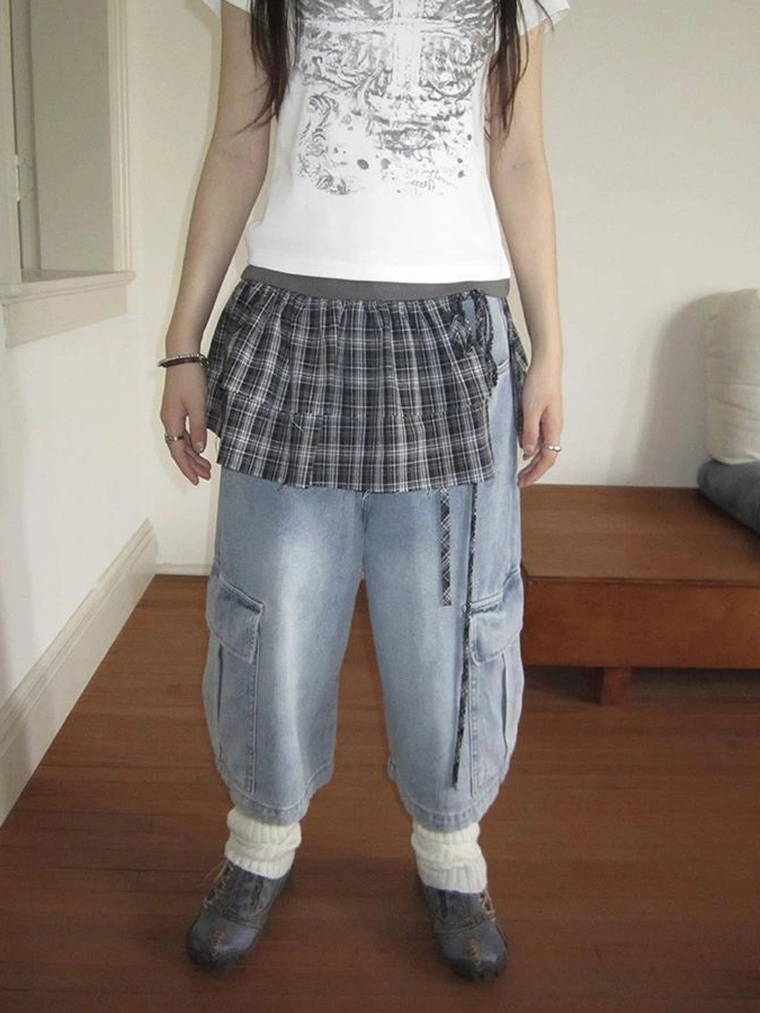 Vintage Layered Tear Edge Checkered Wrap Skirt