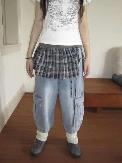 Vintage Layered Tear Edge Checkered Wrap Skirt