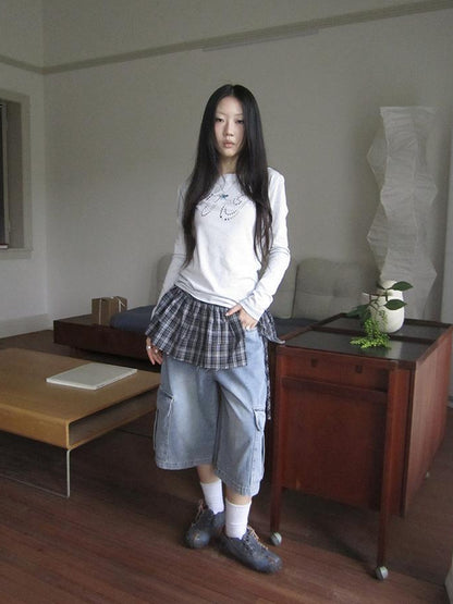 ang project Vintage Layered Tear Edge Checkered Wrap Skirt