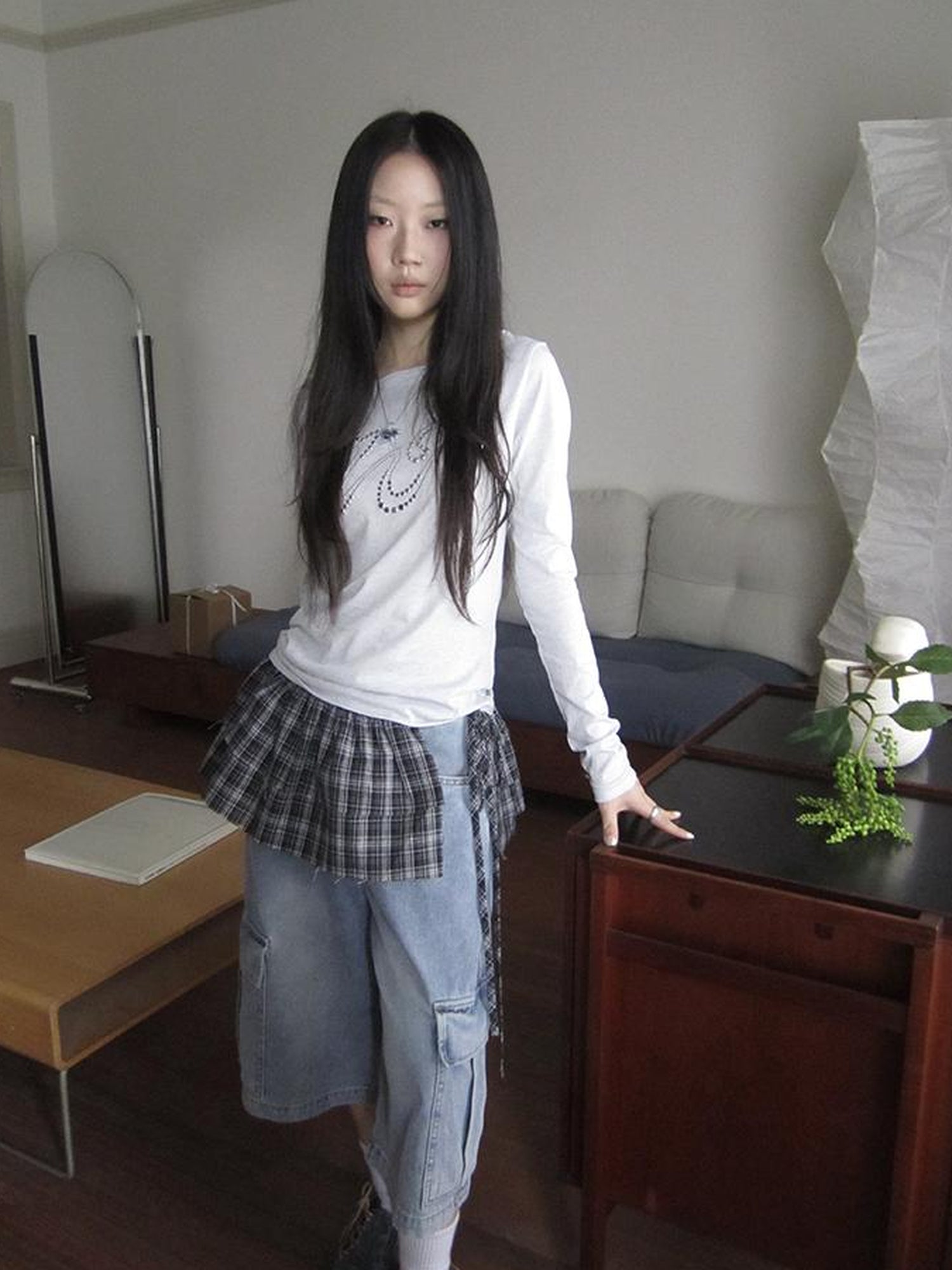 ang project Vintage Layered Tear Edge Checkered Wrap Skirt