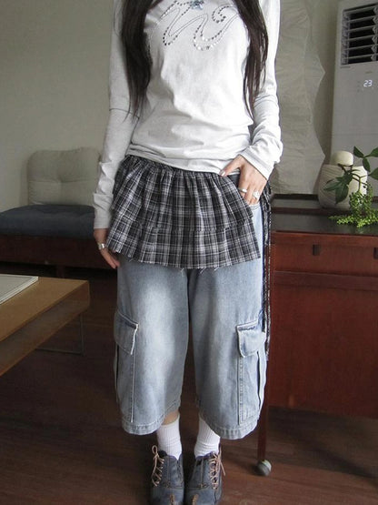 Vintage Layered Tear Edge Checkered Wrap Skirt