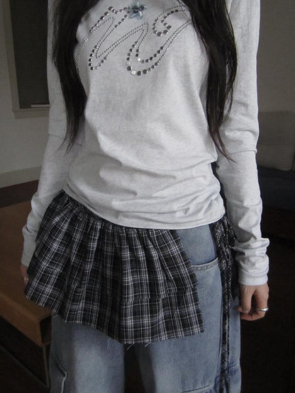 ang project Vintage Layered Tear Edge Checkered Wrap Skirt
