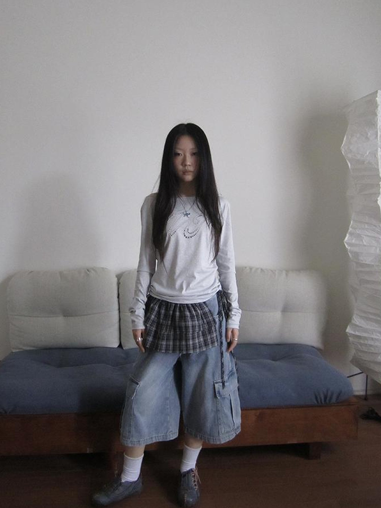 ang project Vintage Layered Tear Edge Checkered Wrap Skirt