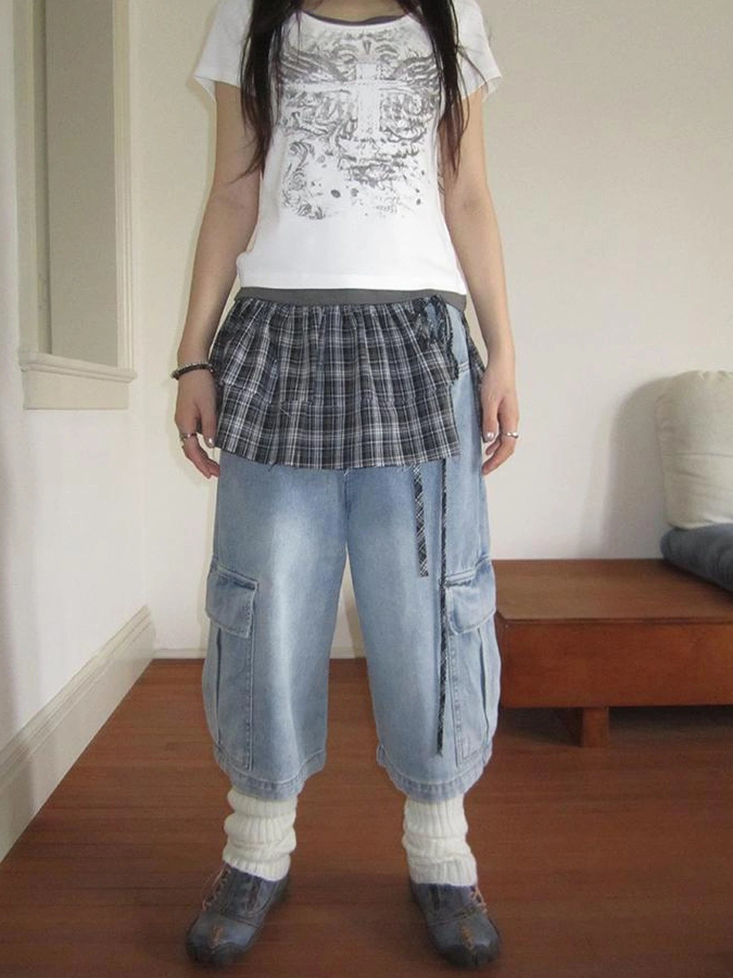 Vintage Layered Tear Edge Checkered Wrap Skirt