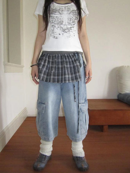 Vintage Layered Tear Edge Checkered Wrap Skirt