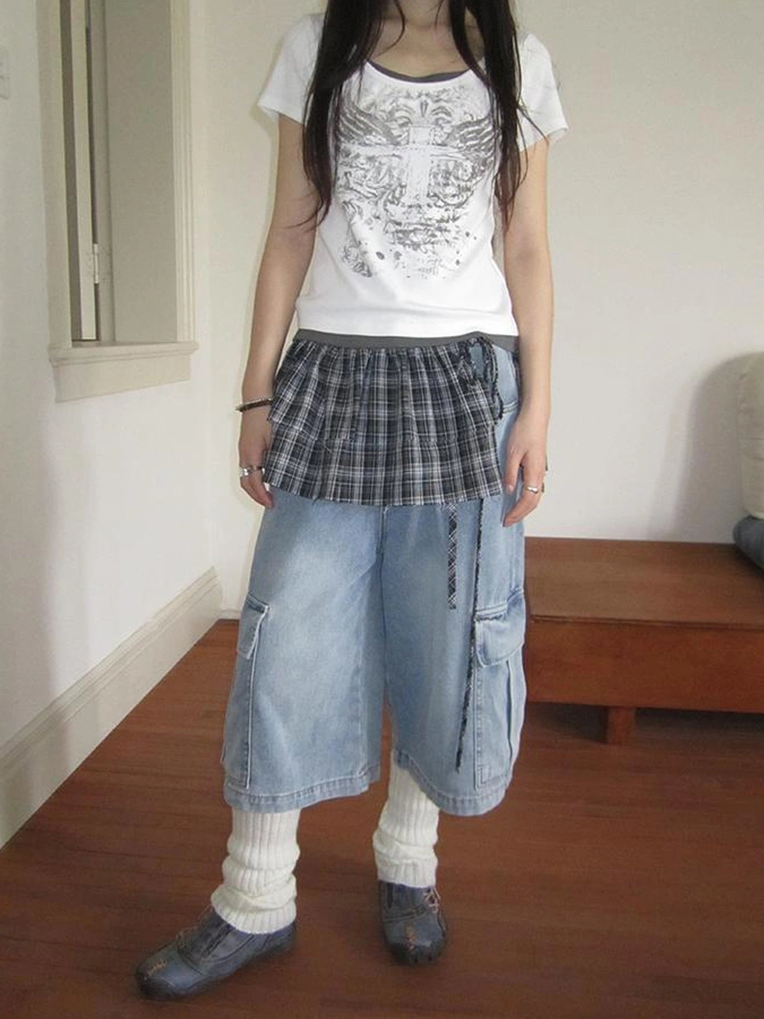 Vintage Layered Tear Edge Checkered Wrap Skirt