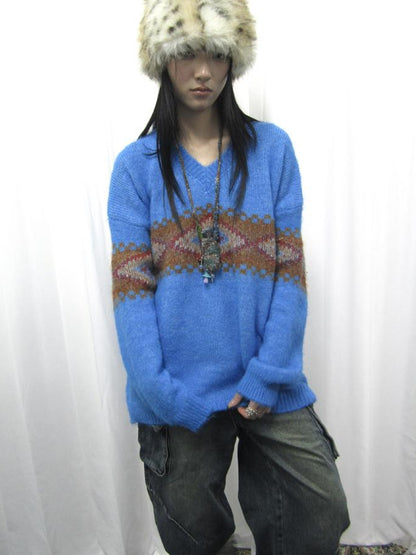 Updateang project Vintage Lazy Style V-Neck Cable Knit Sweater