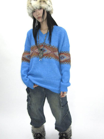 Updateang project Vintage Lazy Style V-Neck Cable Knit Sweater