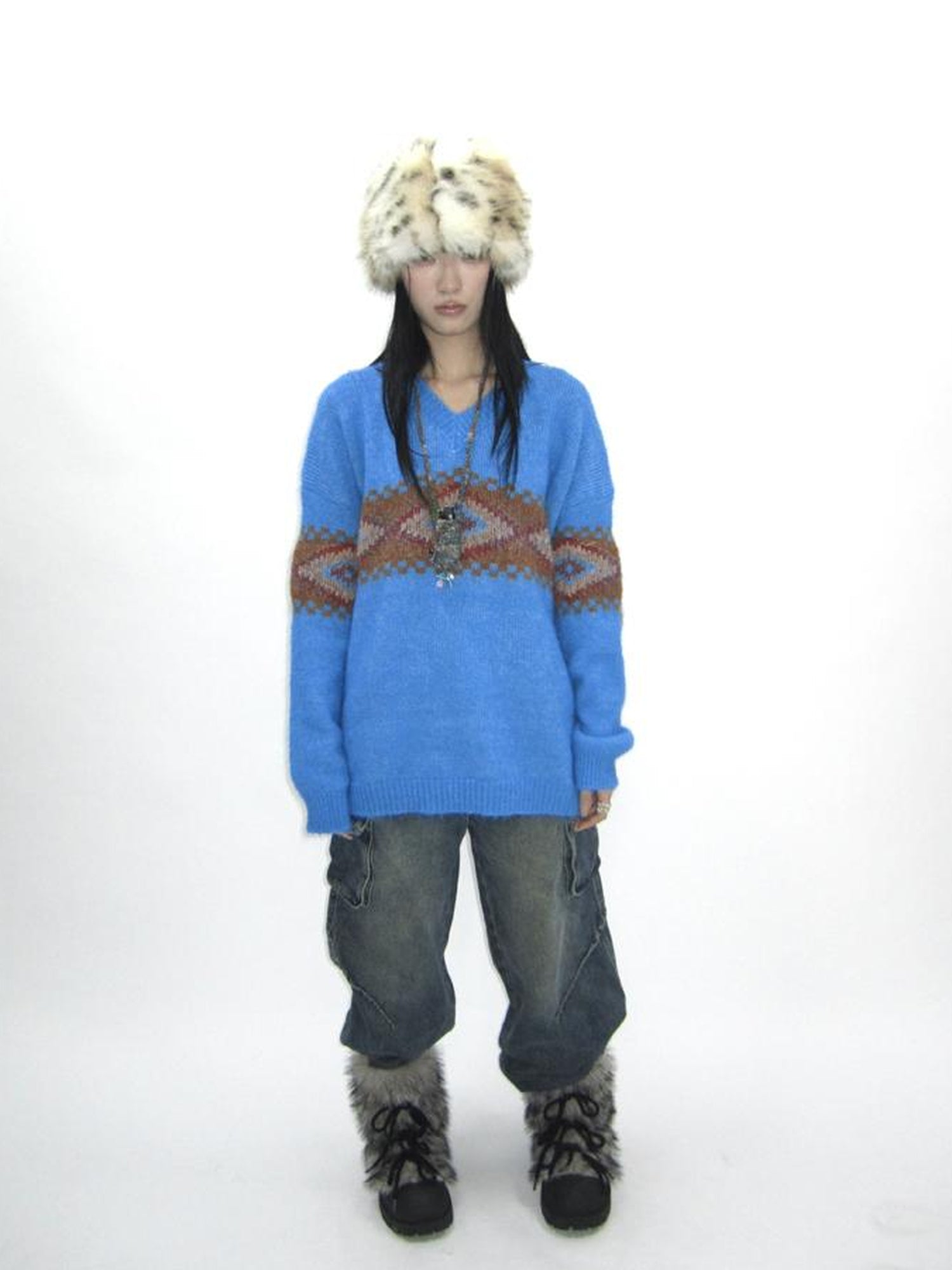 Updateang project Vintage Lazy Style V-Neck Cable Knit Sweater