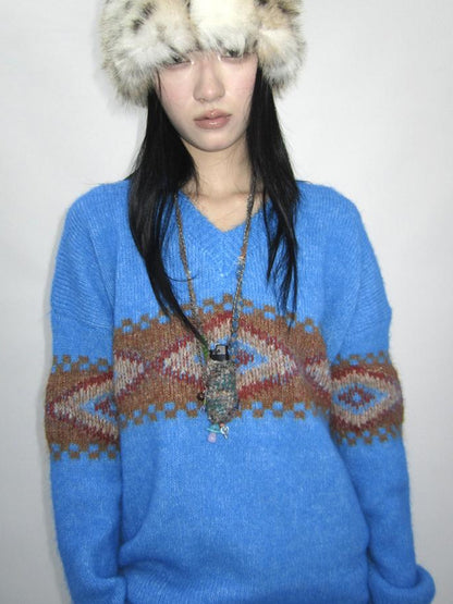 Updateang project Vintage Lazy Style V-Neck Cable Knit Sweater