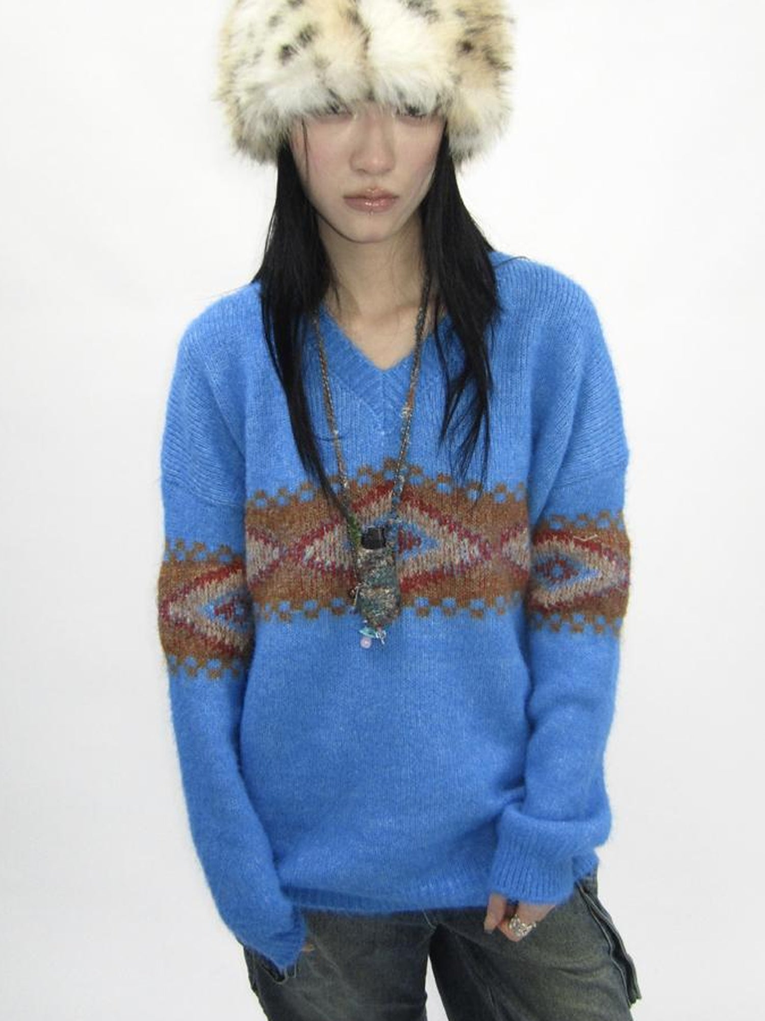 Updateang project Vintage Lazy Style V-Neck Cable Knit Sweater