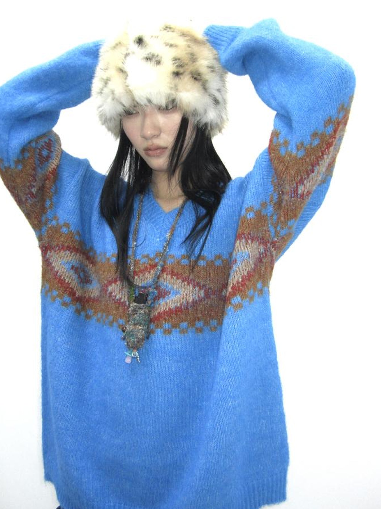 Updateang project Vintage Lazy Style V-Neck Cable Knit Sweater
