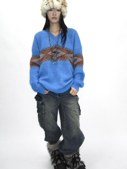 Updateang project Vintage Lazy Style V-Neck Cable Knit Sweater