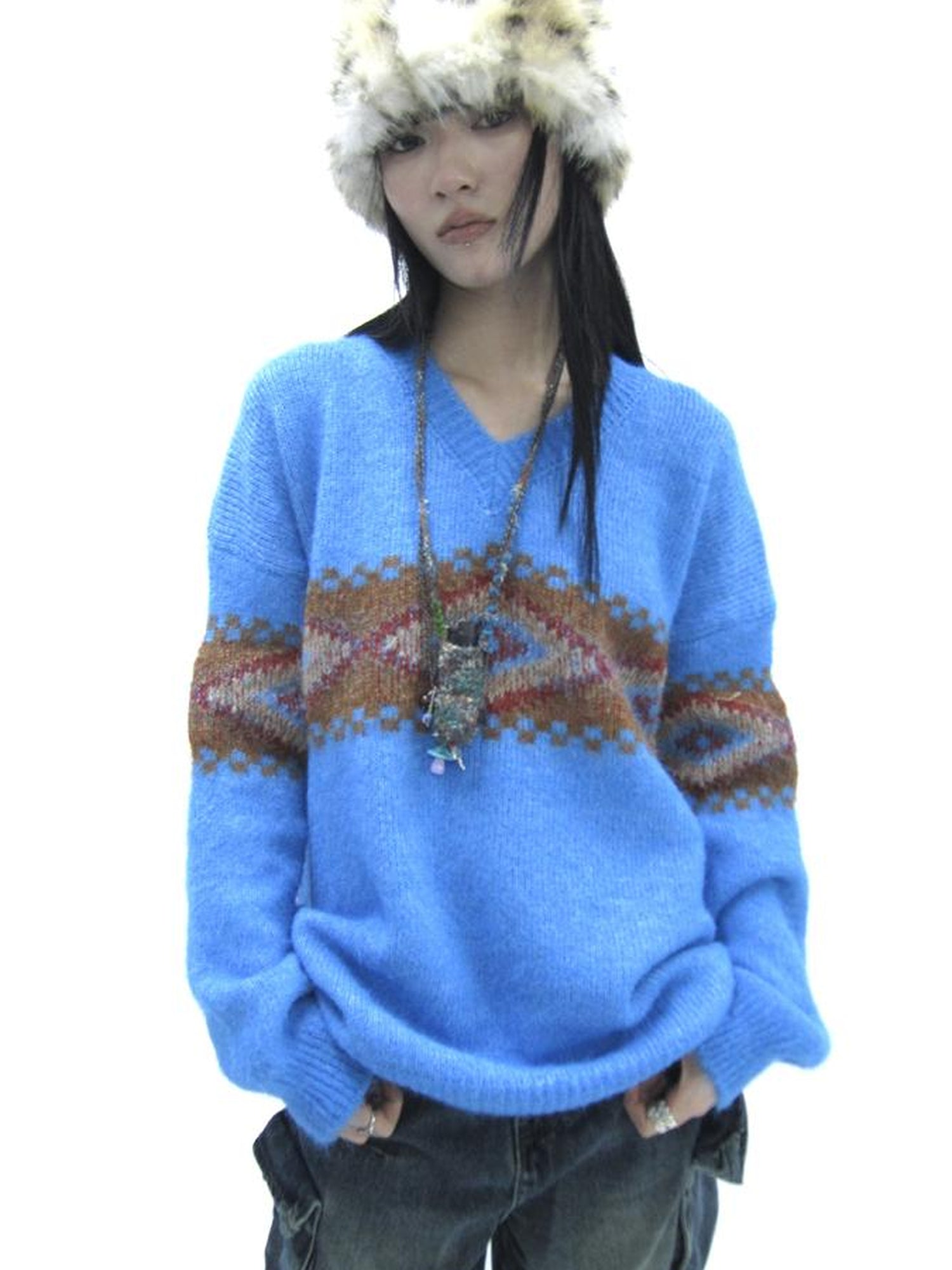Updateang project Vintage Lazy Style V-Neck Cable Knit Sweater