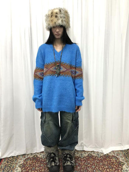 Updateang project Vintage Lazy Style V-Neck Cable Knit Sweater