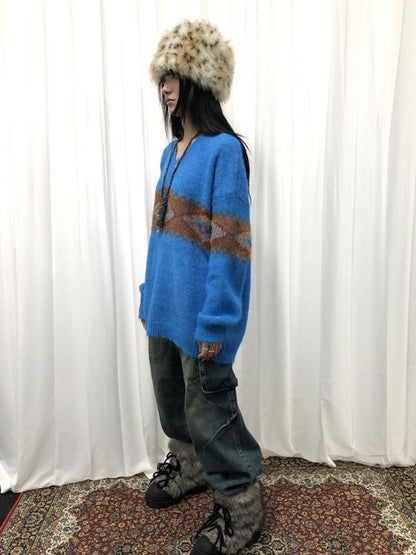 Updateang project Vintage Lazy Style V-Neck Cable Knit Sweater