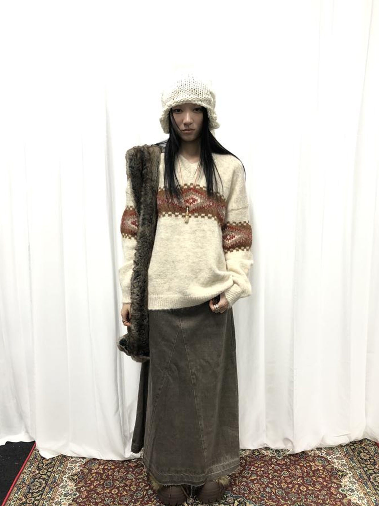 Updateang project Vintage Lazy Style V-Neck Cable Knit Sweater