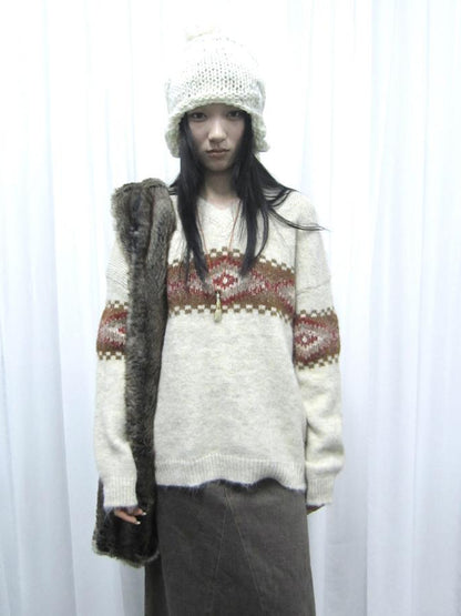 Updateang project Vintage Lazy Style V-Neck Cable Knit Sweater