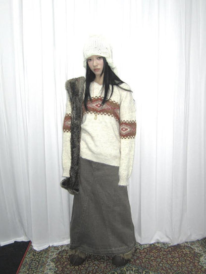 Updateang project Vintage Lazy Style V-Neck Cable Knit Sweater