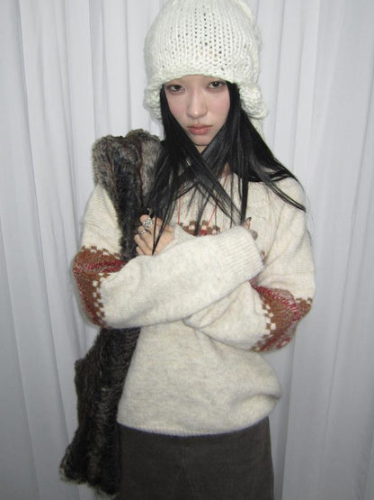 Vintage Lazy Style V-Neck Cable Knit Sweater