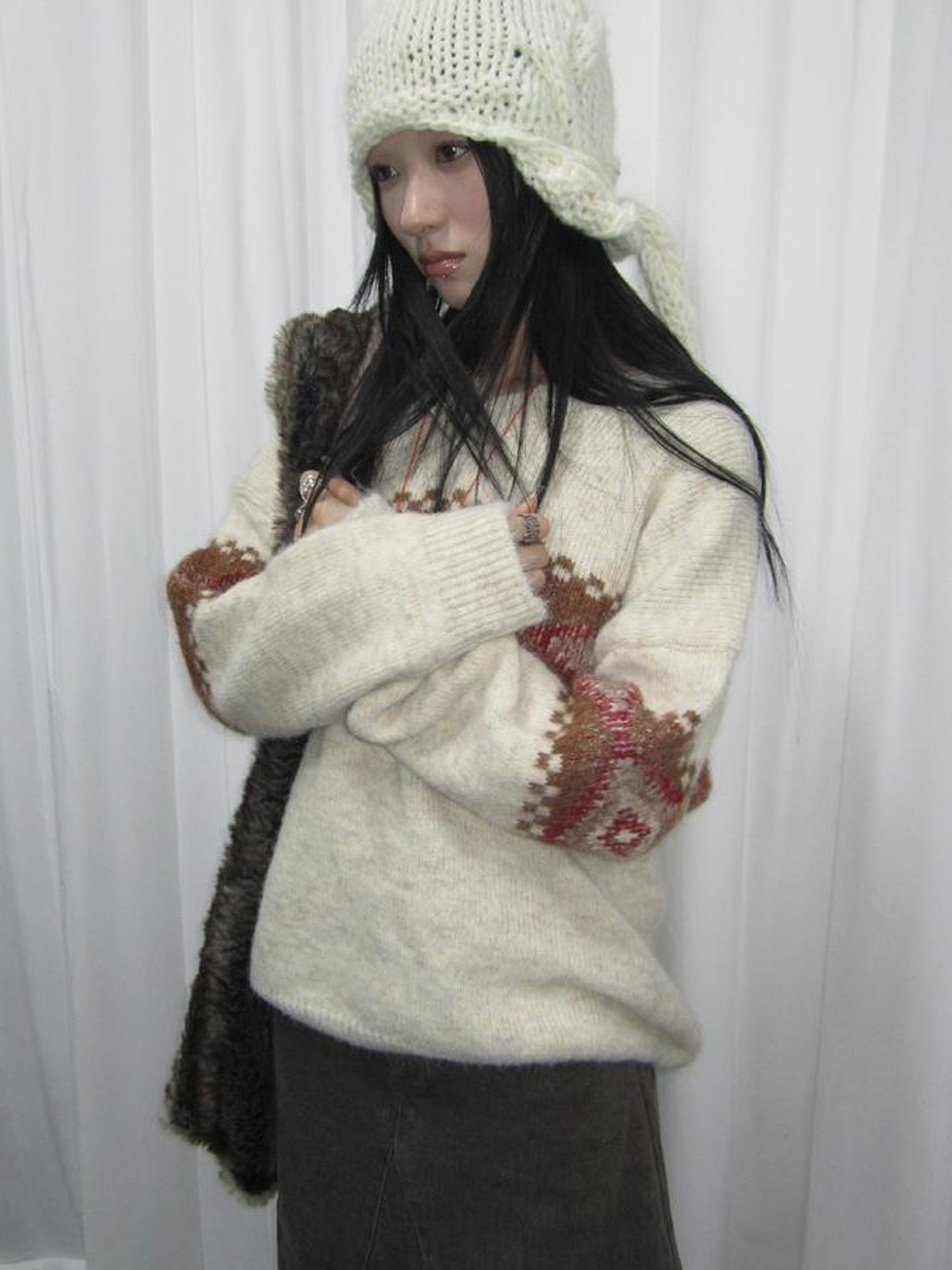 Updateang project Vintage Lazy Style V-Neck Cable Knit Sweater