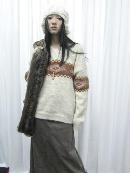 Updateang project Vintage Lazy Style V-Neck Cable Knit Sweater
