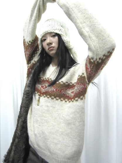Updateang project Vintage Lazy Style V-Neck Cable Knit Sweater