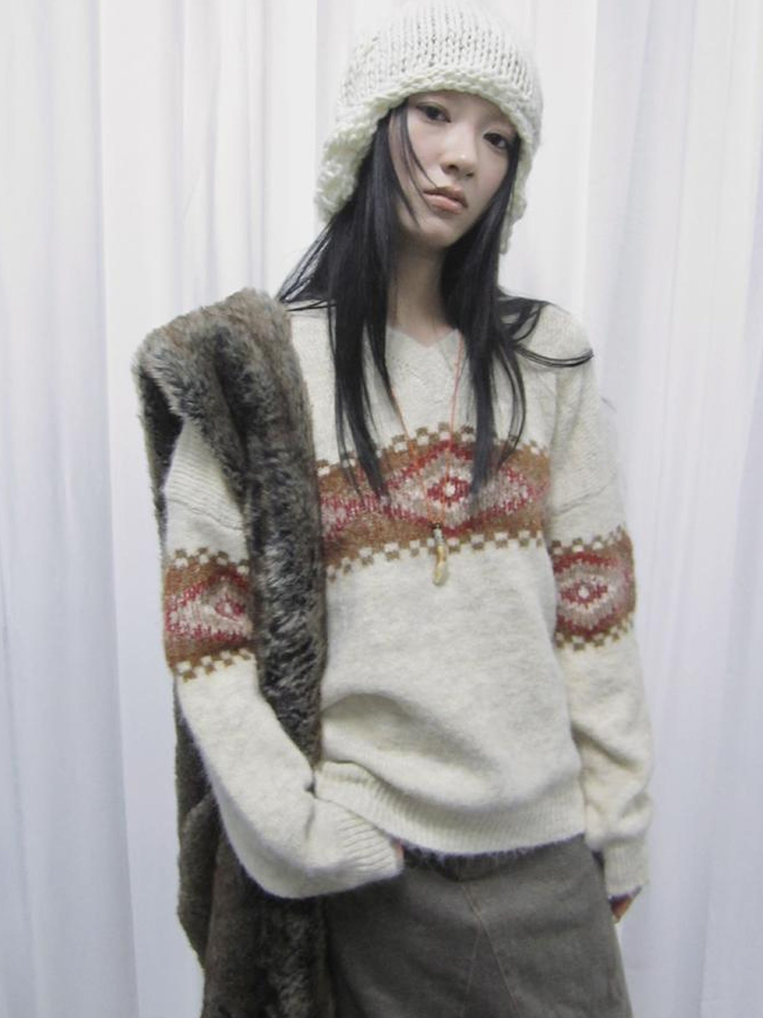 Updateang project Vintage Lazy Style V-Neck Cable Knit Sweater